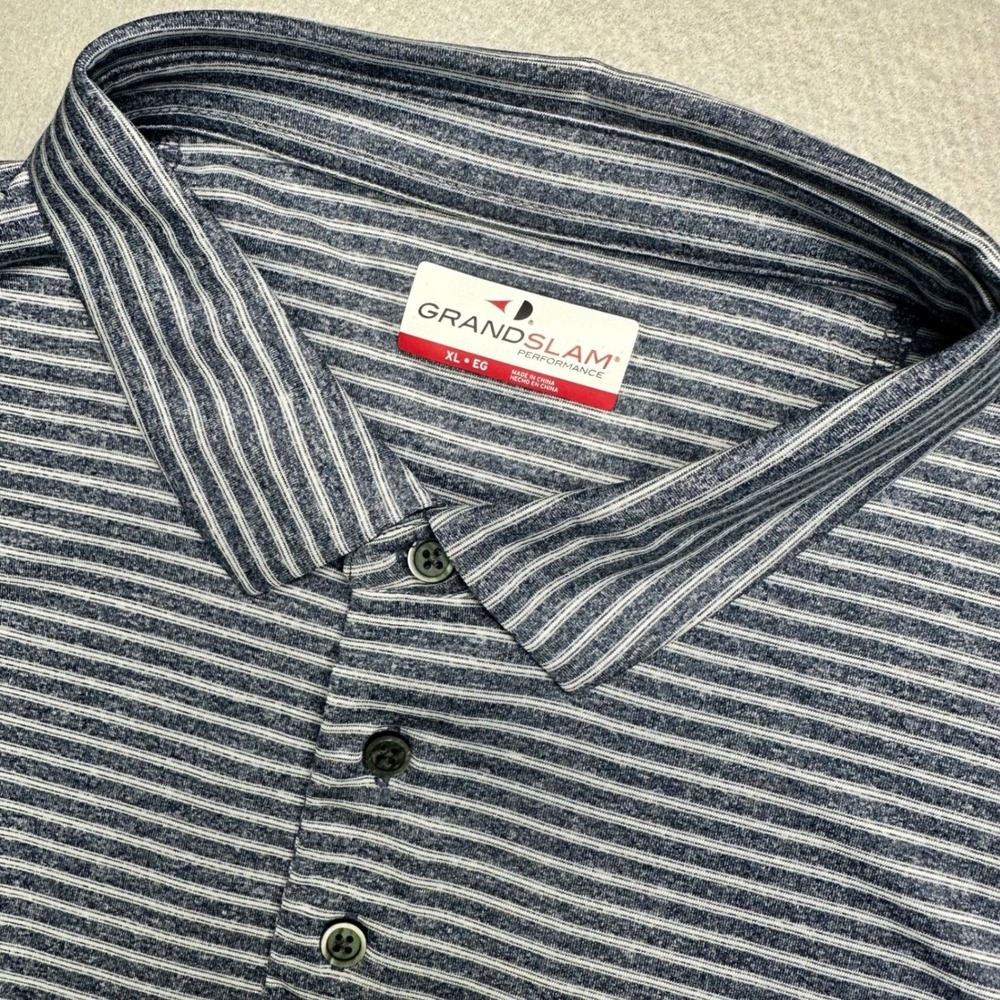 Grand Slam Polo Shirt Mens XL Blue White Striped Performance Short Sleeve Golf